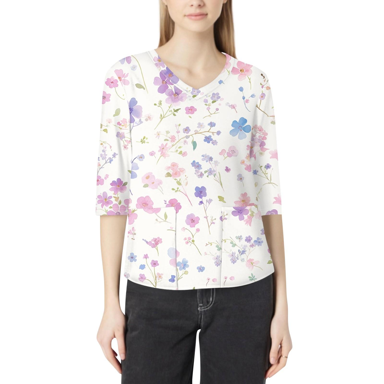 

Модная женская рабочая одежда с v-образным вырезом и рукавами 3/4, свободные топы с карманами и принтом S