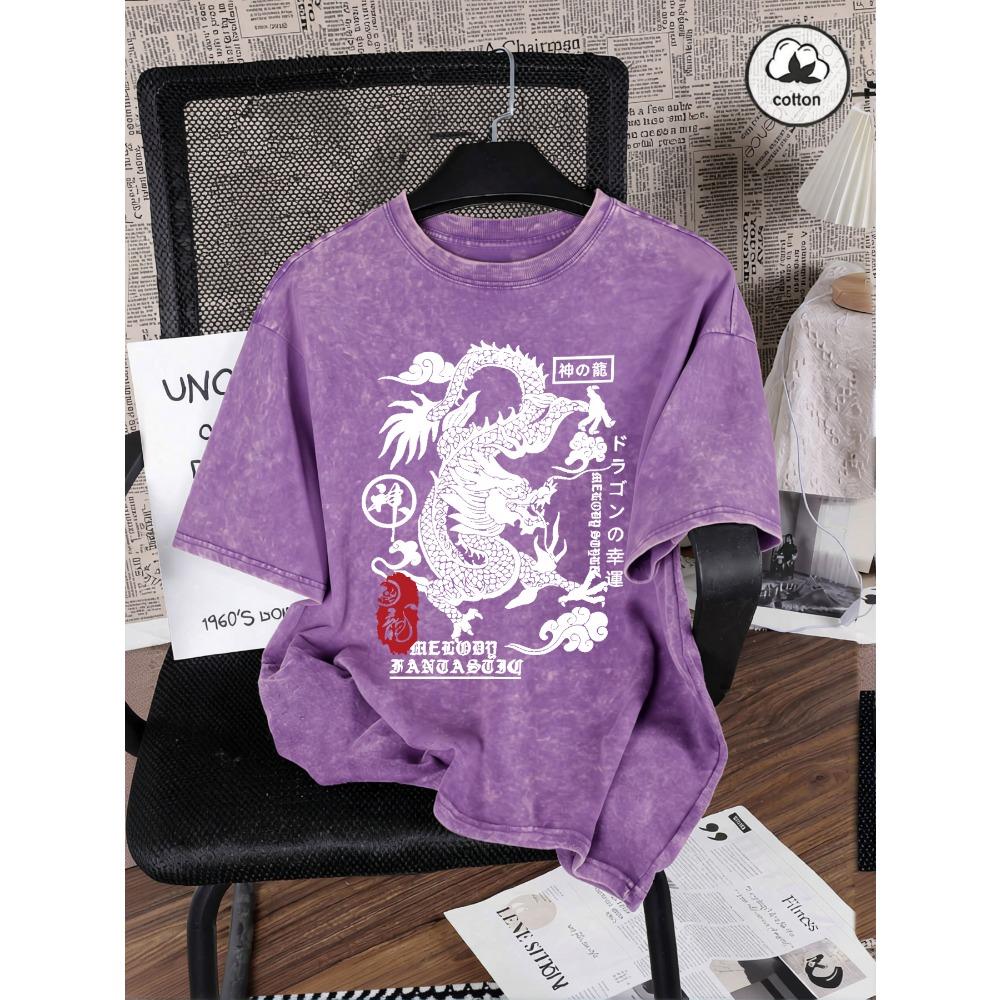 Japanische Harajuku Drachenaufdruck Damen Gewaschene T-Shirts Lässiges T-Shirt Sommer Hip Hop Streetwear Baumwolle Übergroße Kleidung