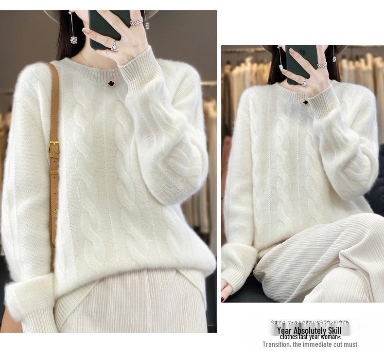 2023 Women's Wool Cable Knit Sweater: Loose, Warm, Round Neck, Slimming Fit for Autumn/Winter