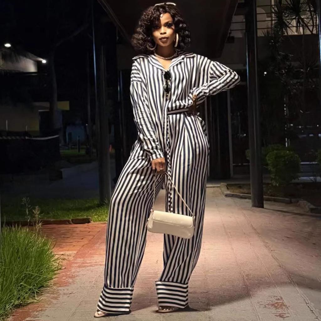European and American fashion women's clothing two-piece set, striped long-sleeved lining collar loose button shirt, African new trousers set