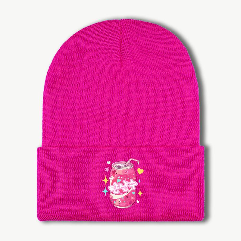 Shimmering Pink Drink Print Knit Beanie Warm Comfortable and Highly Stretchy Beanie Sweet Cute Shimmering Fashionable and