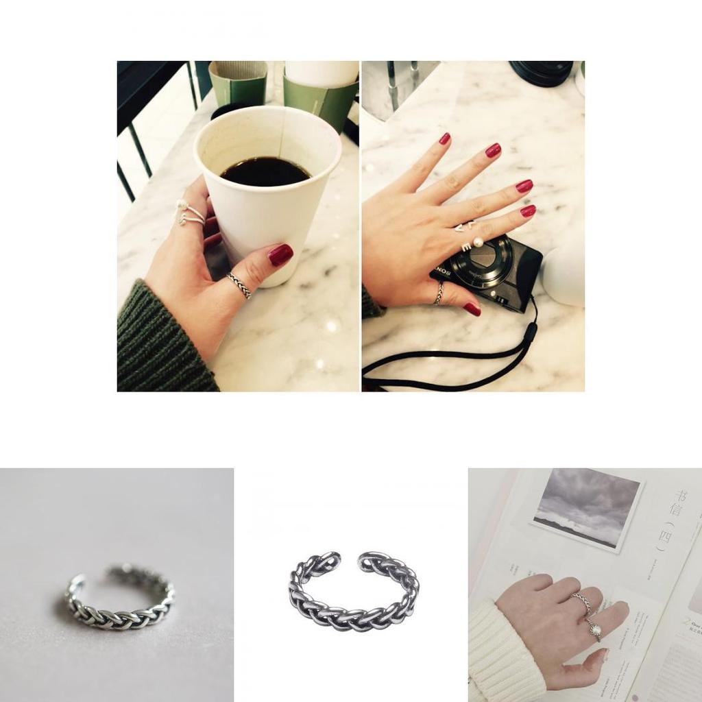 Sterling S925 Chic Silver Open Adjustable Ring With Retro Braided Design Women For