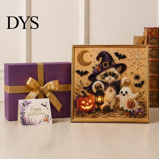 Halloween Party Supplies Cat Faux Pearl Painting Art Kit, Spooky 3D Beads Crafting Kits for Beginners Crafts, Cute Witch Gem Wall Adults, Craft Lovers