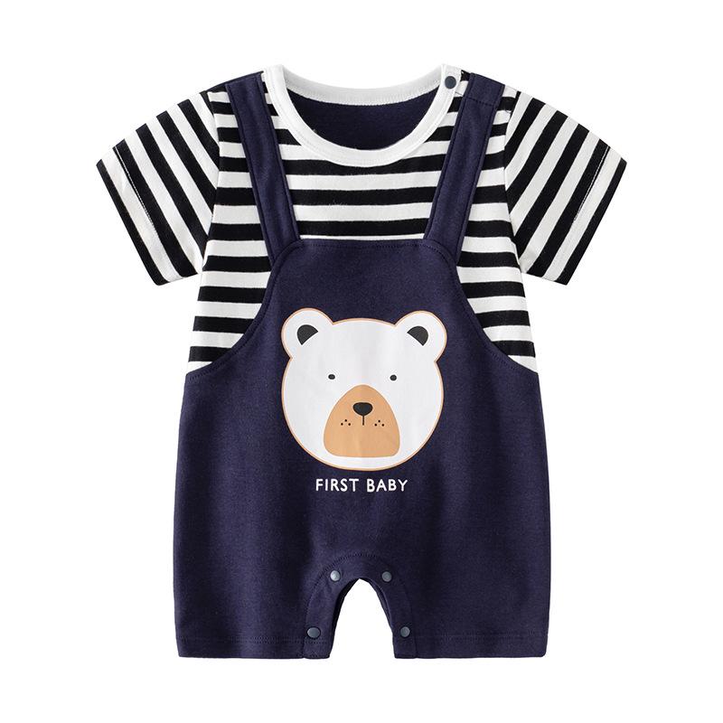 

Newborn Summer Striped Bear Romper: Short Sleeve Fake Two-Piece Onesie Jumpsuit 90 синий