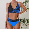 Women's Halter Two Colored Flowers Print Bikini Tankini Swimsuit