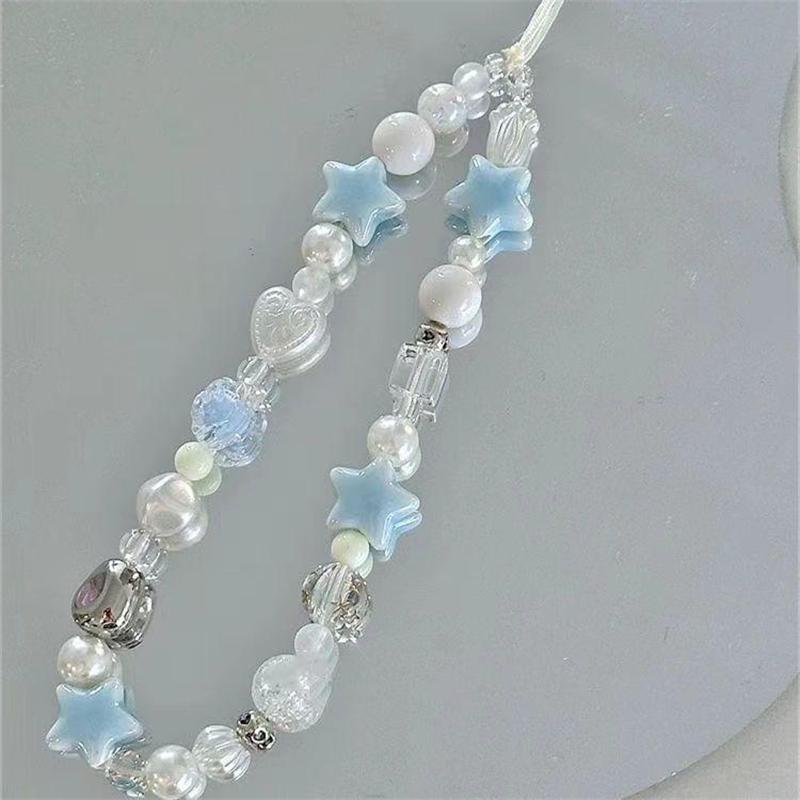 

1/2pcs Korean Cute Blue Star Love Heart Beaded Phone Chain Charm Lanyard For iPhone DYM Camera Hanging Rope Girl Jewelry Pendant