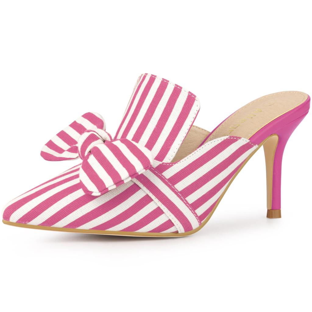 Allegra K Women's Striped Bow Slip Slide Mule with Stiletto Heel, Hot Pink, Size 27.5cm