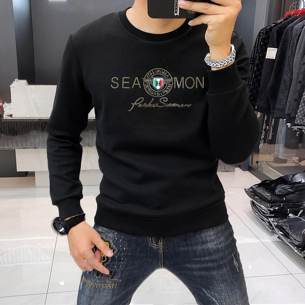 Stylish Rhinestone Men's Long Sleeve Round Neck Shirt - Comfortable, Versatile, Velvet-Thickened for Autumn and Winter.