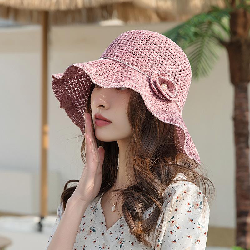 Black Hat Spring Summer Hat Korean Foldable Beach Straw Flower Leisure Sun Protuction Fisherman Bucket Hat for Women Panama Caps