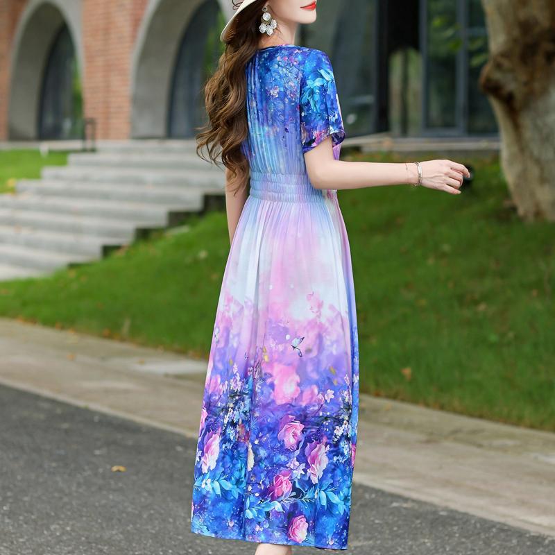 Elegantes Damenkleid Sommer Vintage Kleidung Lässig Kurzarm Lange Kleider