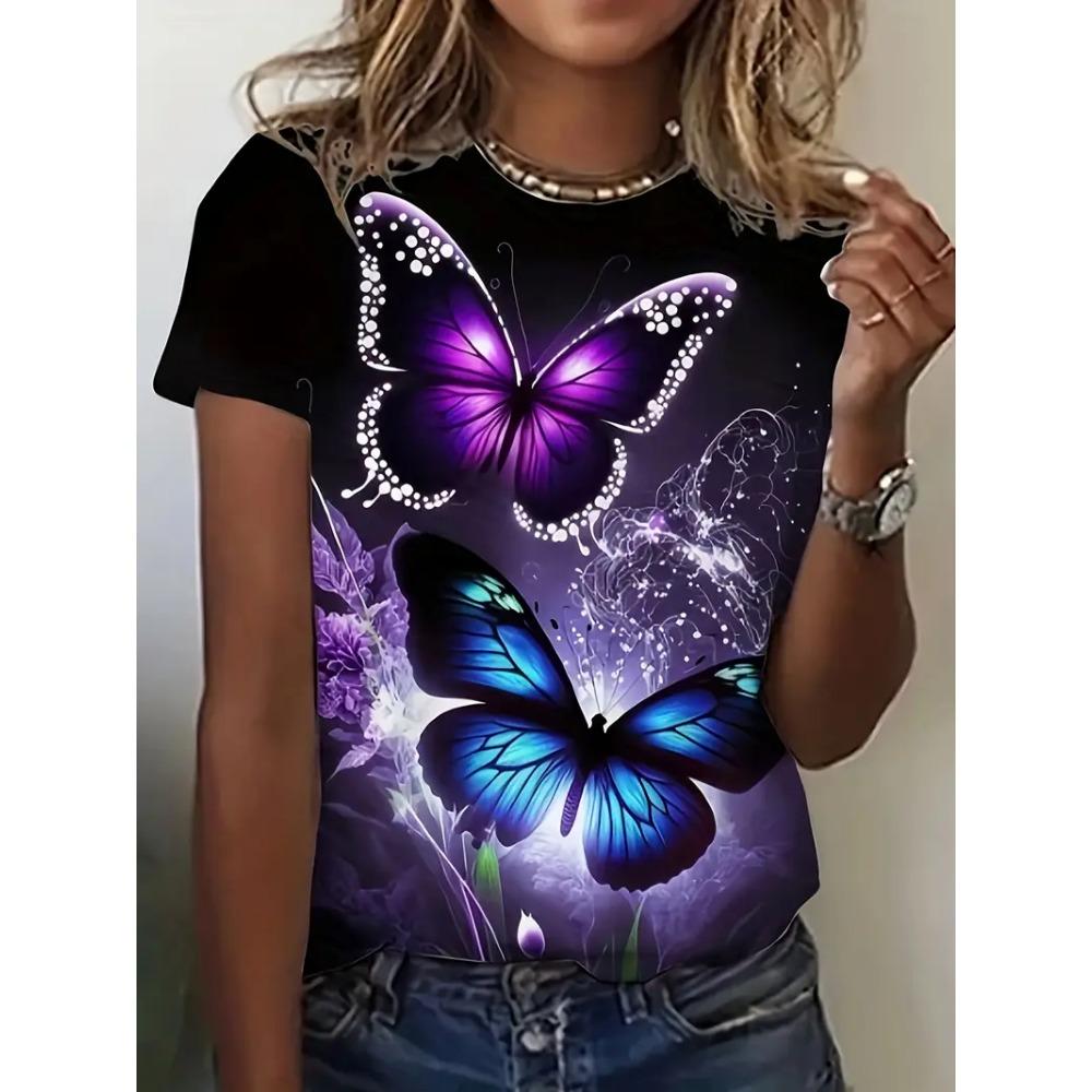 Butterfly Women's Round Neck  Summer Outdoor Fashion Short Sleeve Tops Flower Printing OverSized