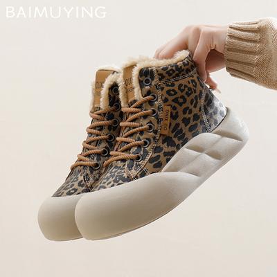 Women Platform Snow Ankle Boots Leopard Lace Up Designer Flats Cotton Shoes 2025 Trend Short Plush Warm Winter Botas De Mujer