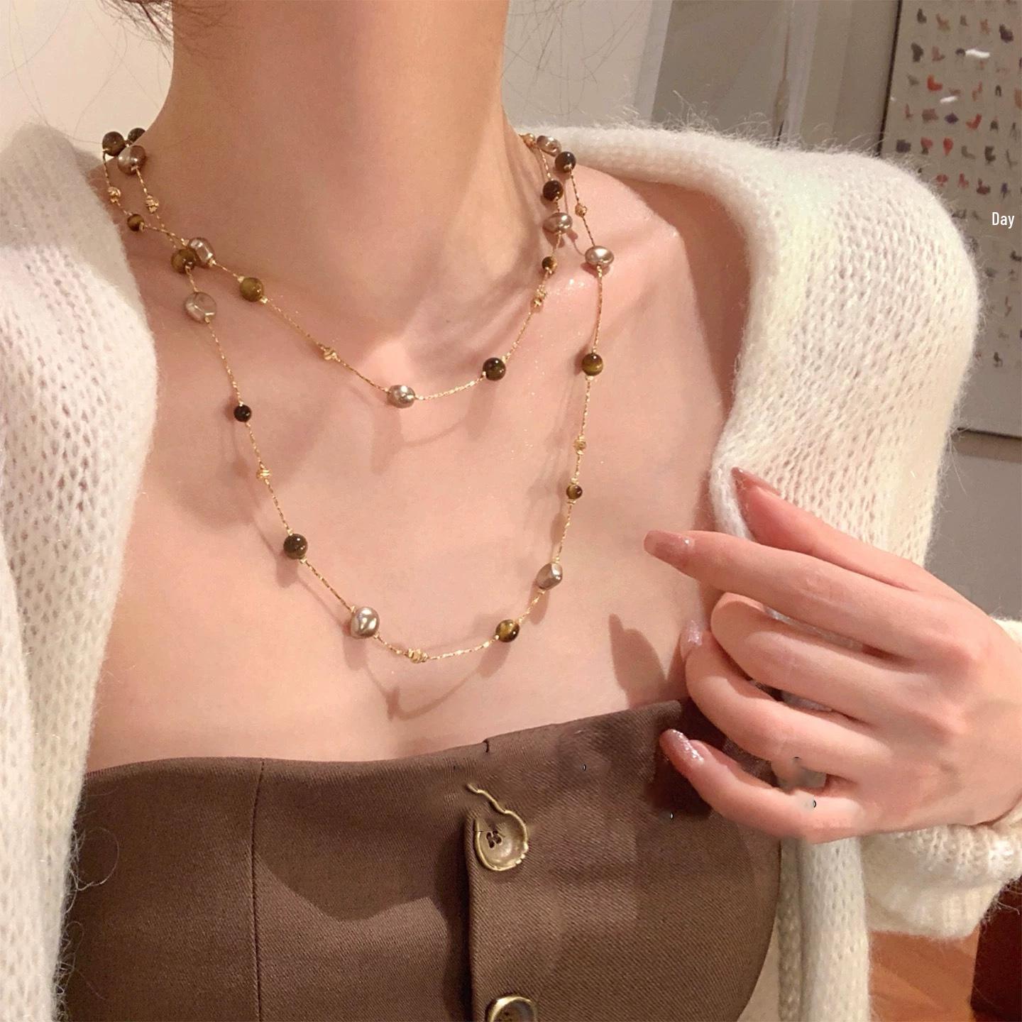 Maillard Tiger Eye Pearl Double Layer Retro Necklace - Versatile Autumn/Winter Sweater Chain