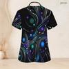 Women Plus Size V Neck Short Sleeve Galaxy Printed Nurse Scrub Top With Front Pockets