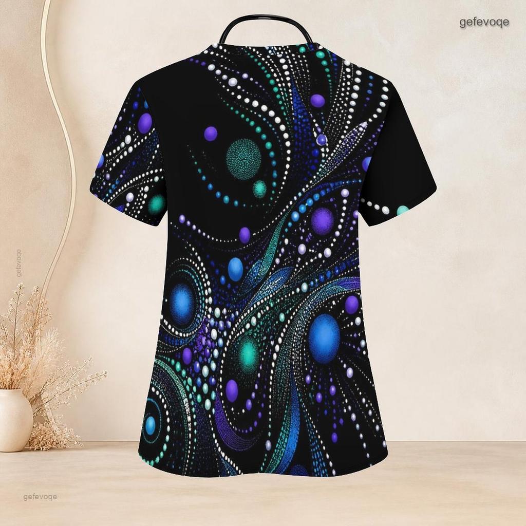 Women Plus Size V Neck Short Sleeve Galaxy Printed Nurse Scrub Top With Front Pockets