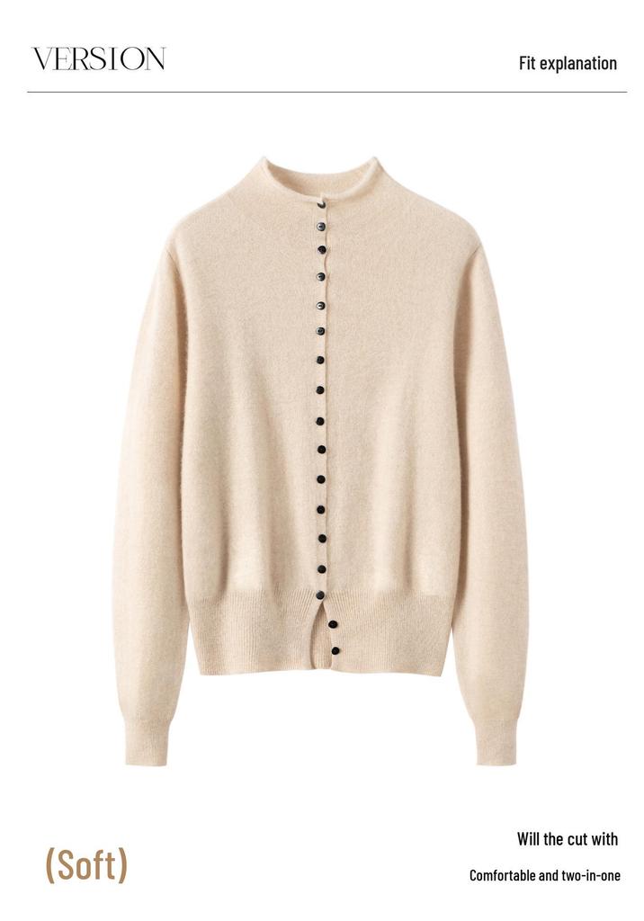 Lekasha 100% Pure Cashmere Cardigan Sweater - Solid Color, Half-High Collar, Autumn/Winter Style