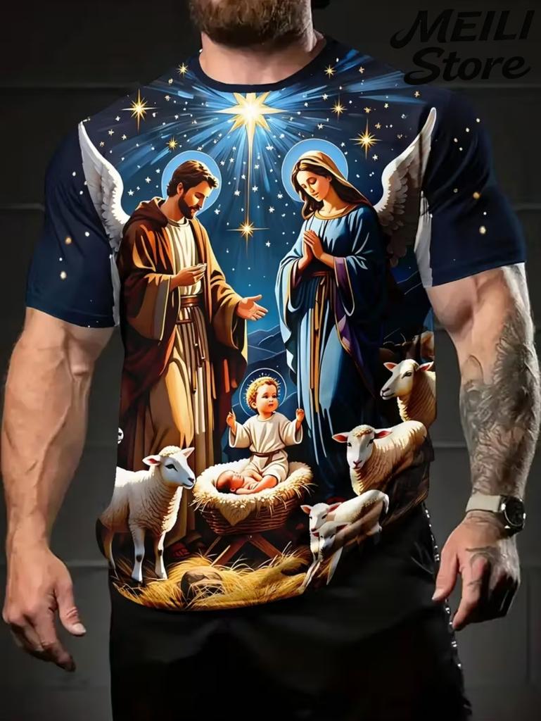 T-shirt da uomo con stampa 3D di Gesù a maniche corte, casual, girocollo, design con mani in preghiera, maglietta da uomo, nuova, top oversize
