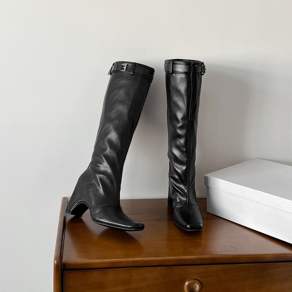 Niszowy design klamra paska wysokie kozaki do kolana damskie 2025 jesień i zima kwadratowy nosek cienka szeroka cholewka gruby obcas kozaki