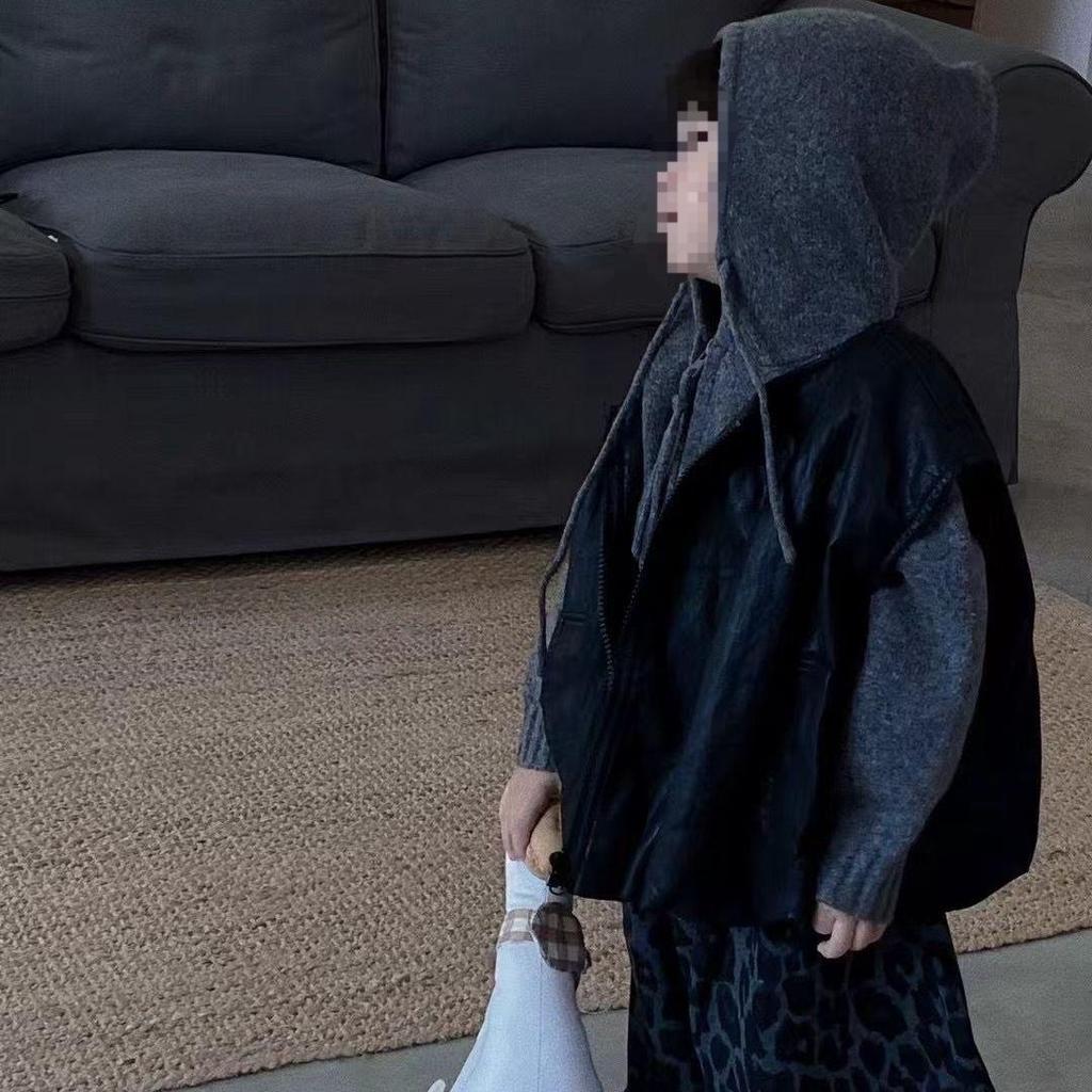 Children's Autumn Korean-Style Three-Piece Set: Handsome Leather Vest, Hooded Sweater, and Leopard Print Pants