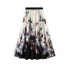 Women Elastic Waist Butterfly Printed Pleated Skirts Elegant Vintage Midi A-line Skirt
