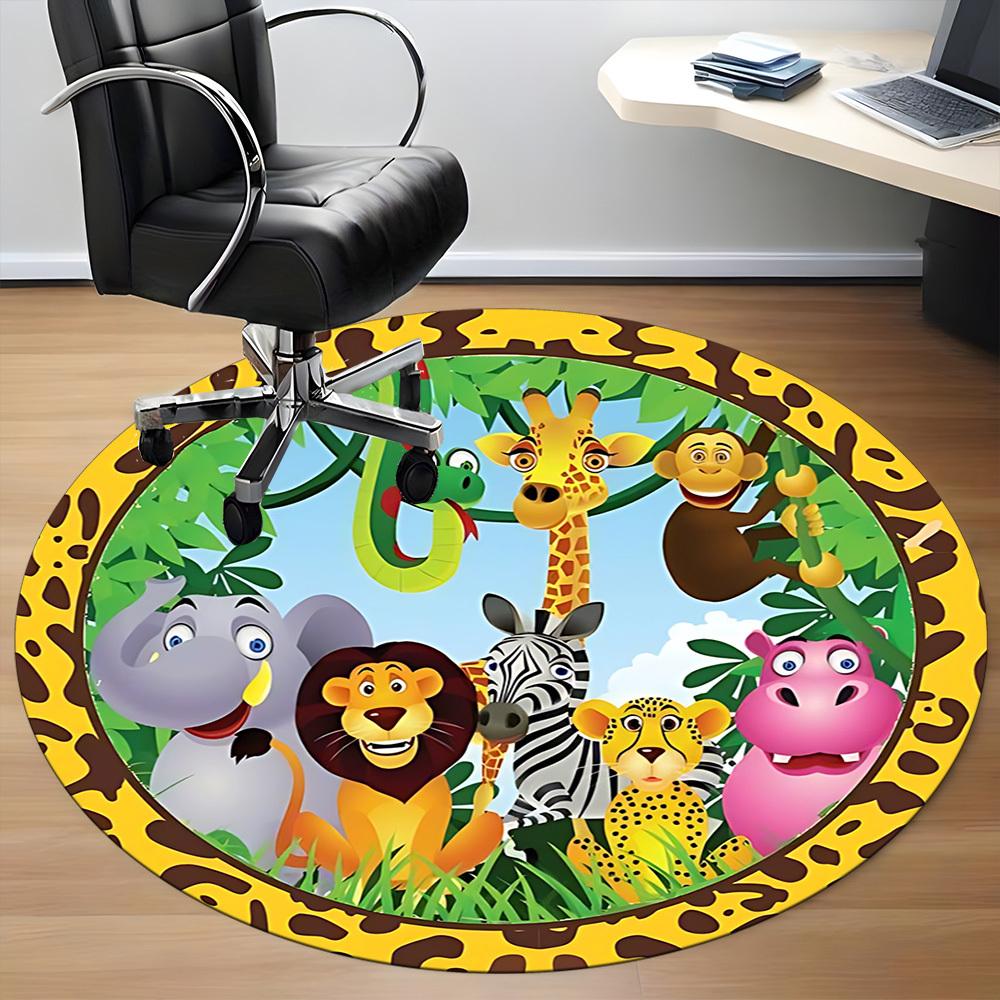 1pc Jungle Friends Chair Carpet for Office, Round Polyester Mat, Indoor Decor for Office, Easycare Fabric, Washable Non-slip Area Carpet