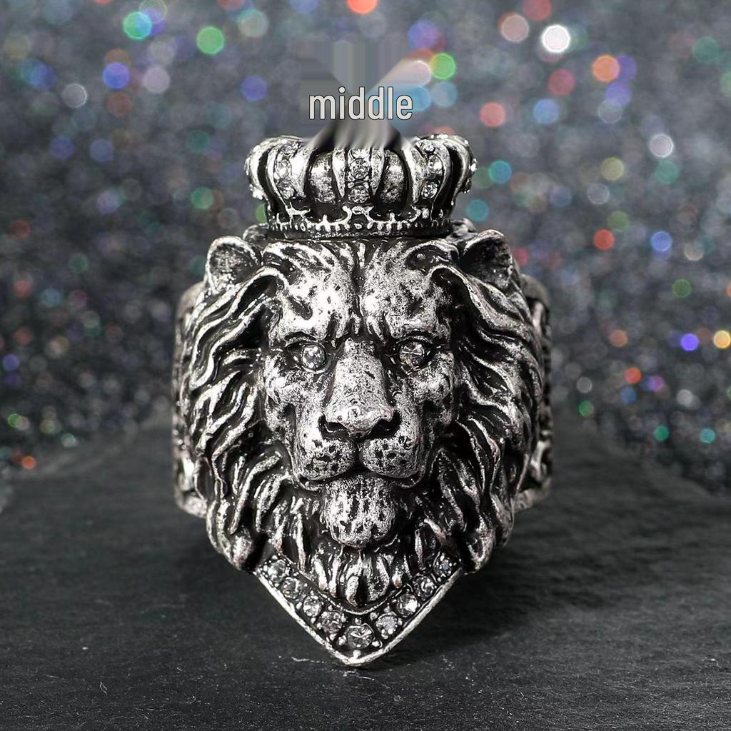 Avrupa ve Amerikan Retro Aslan Başlı Erkek Yüzüğü - Açık Haç Taç Simba Tasarımı
