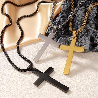 Simple Glossy Titanium Steel 18K Gold Men's Cross Pendant Necklace, Stainless Steel, Hip Hop Style