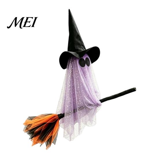 Festive Party Atmosphere Accessory Halloween Ghost Witch Broom Hanging Ornament, Spooky Hat Floating Prop Pendants for Indoor Outdoor Haunted
