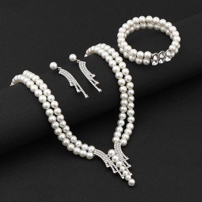 Elegant Pearl Jewelry Set: Necklace, Earrings, and Bracelet for Women