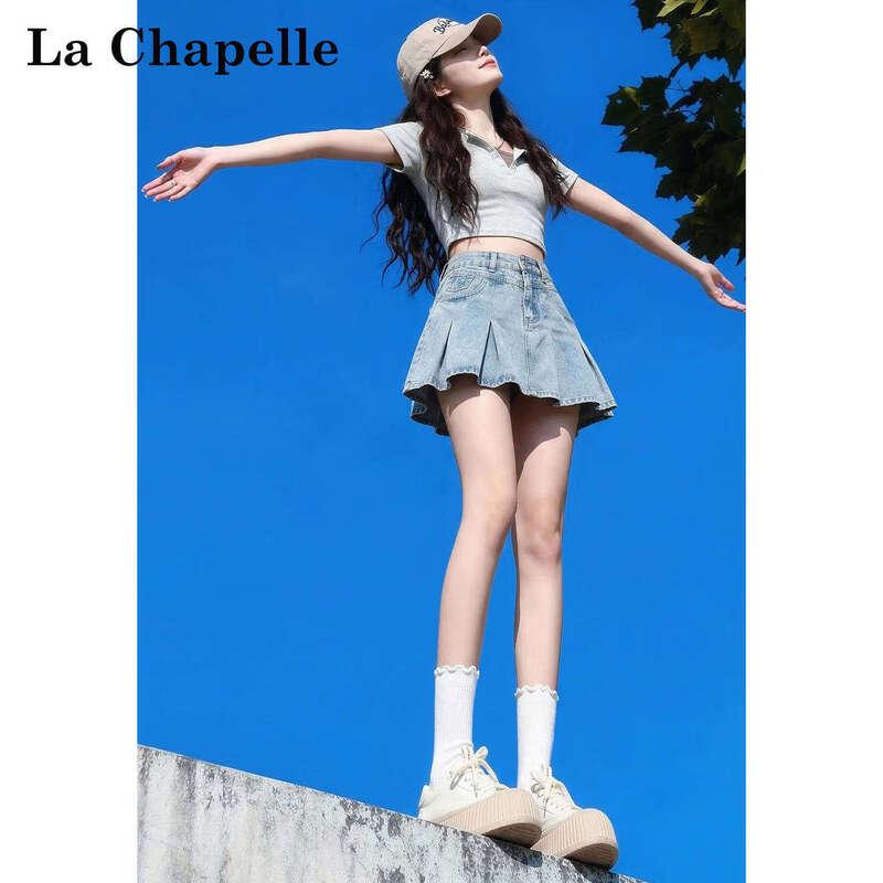 La Chapelle Women s High-Waist Pleated Denim Mini Skirt L