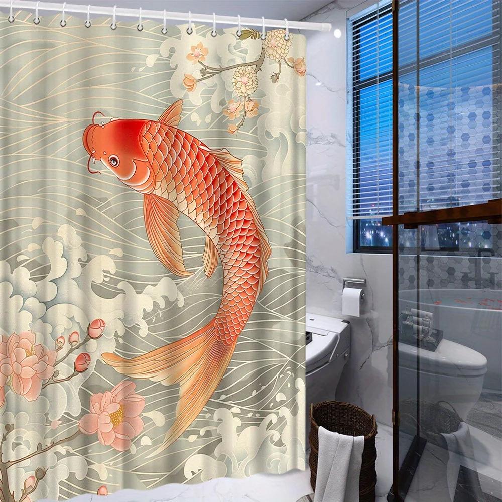 

1 piece Red Orange Koi and Sakura Shower Curtain-Flowing white waves and pink flower pattern, polyester fabric, machine washable 90x180cm
