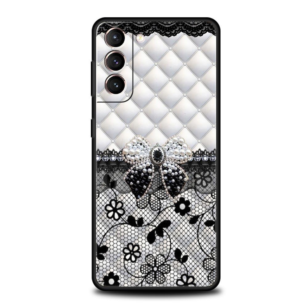 

Phone Case Cover for Samsung Galaxy S26 S25 S24 S23 S22 S20 S21 FE Ultra Plus S25 Edge Soft TPU Black Bowknot Faux Pearl Painted Samsung S23Plus