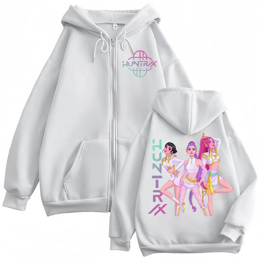 Merch KPop Demon Hunters in edizione limitata Felpa con cappuccio e zip Moda Cartone animato Zip Felpe con cappuccio Uomo Donna Casual Ampia Pile Pullover