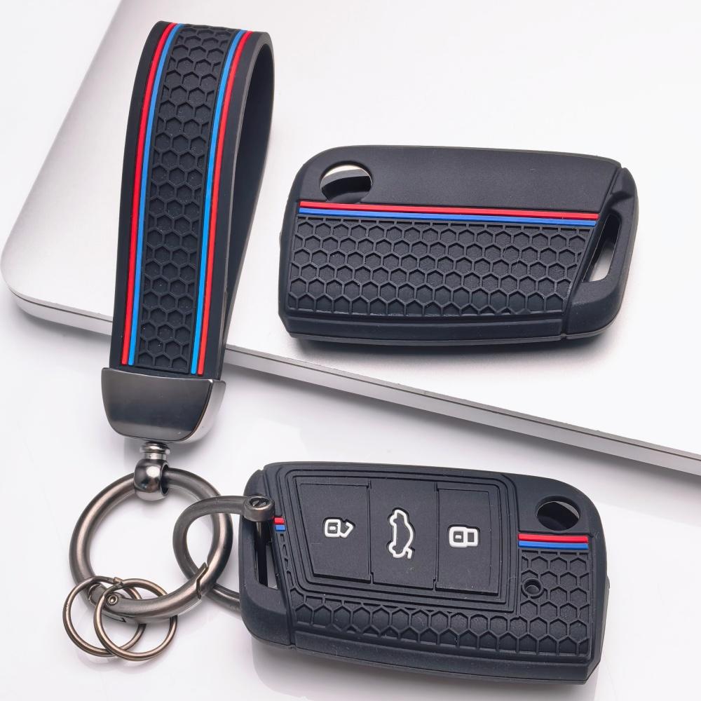 Silicone Car Key Fob Cover with Keychain Fit for Volkswagen VW Golf 7 MK7 Tiguan MK2 Touran L for Skoda, Fits Volkswagen Golf Tiguan Octavia A7