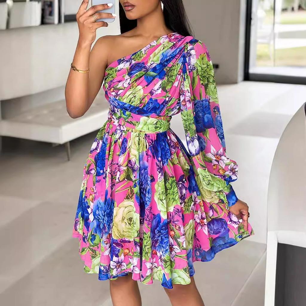 Abito Midi Stampato Boho da Donna a Spalla Singola con Maniche Lunghe Abito Casual Boemo per le Vacanze da Donna