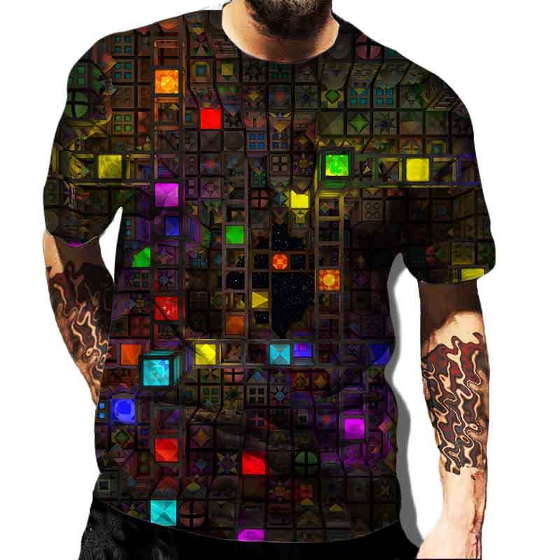 Men's Square Color Tie-Dye T-Shirt, Street Style, Casual, Fashionable, Breathable, Sporty