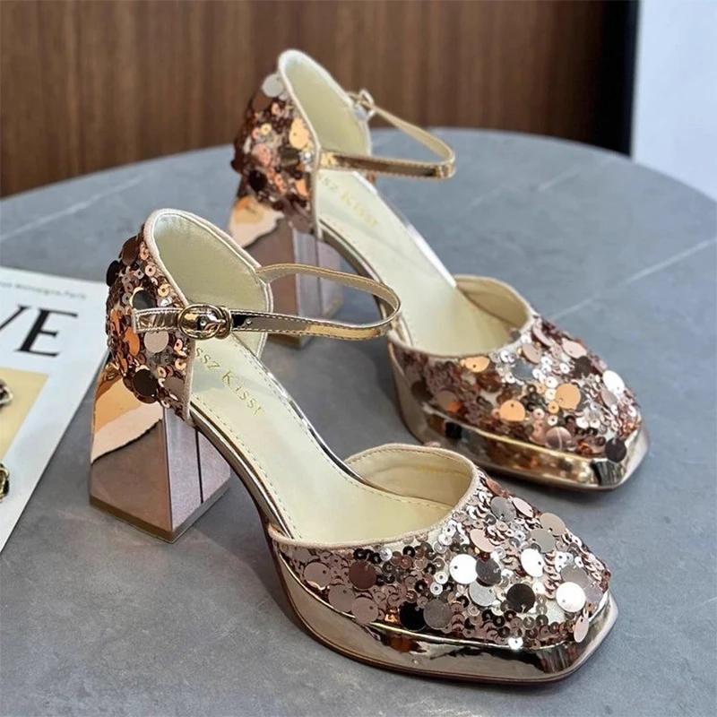 

Модные блестящие женские босоножки на высоком каблуке, роскошные туфли Мэри Джейн с квадратным носком для лета 2025 года, дизайнерские, для вечеринки, свадьбы, на массивном каблуке, zapatos mujer 34 шампанского