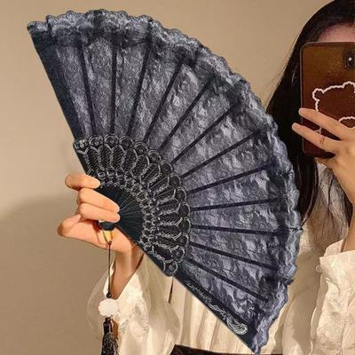 Vintage Lace Folding Fan with Tassel Pendant And Ergonomic Handle Handmade Traditional Chinese Style Plastic Handheld Fan for Women