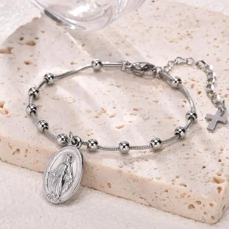 1-piece Gold Color Round Bead Oval Pendant Bracelet, Suitable for Women's Religious Prayer Holiday Accessories Jewelry