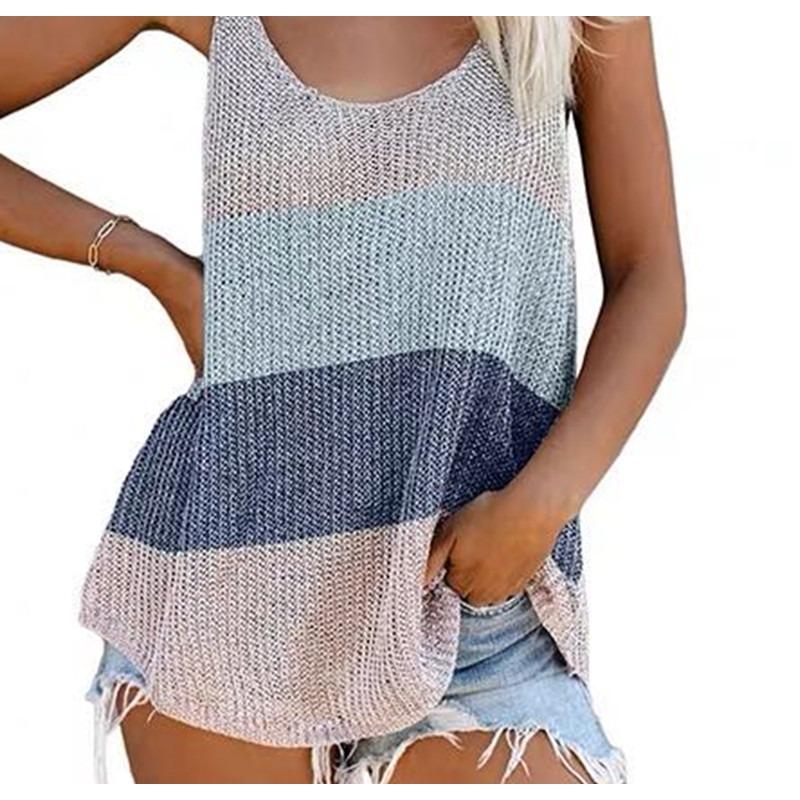 Women Loose Striped Color Block Round Neck Sleeveless Knit Tank Top