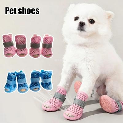4Pcs Mesh Dog Shoes Non Slip Elastic Strap Cooling Pet Sandals Soft Sole Wear Resistant Boots for Summer Walking Use