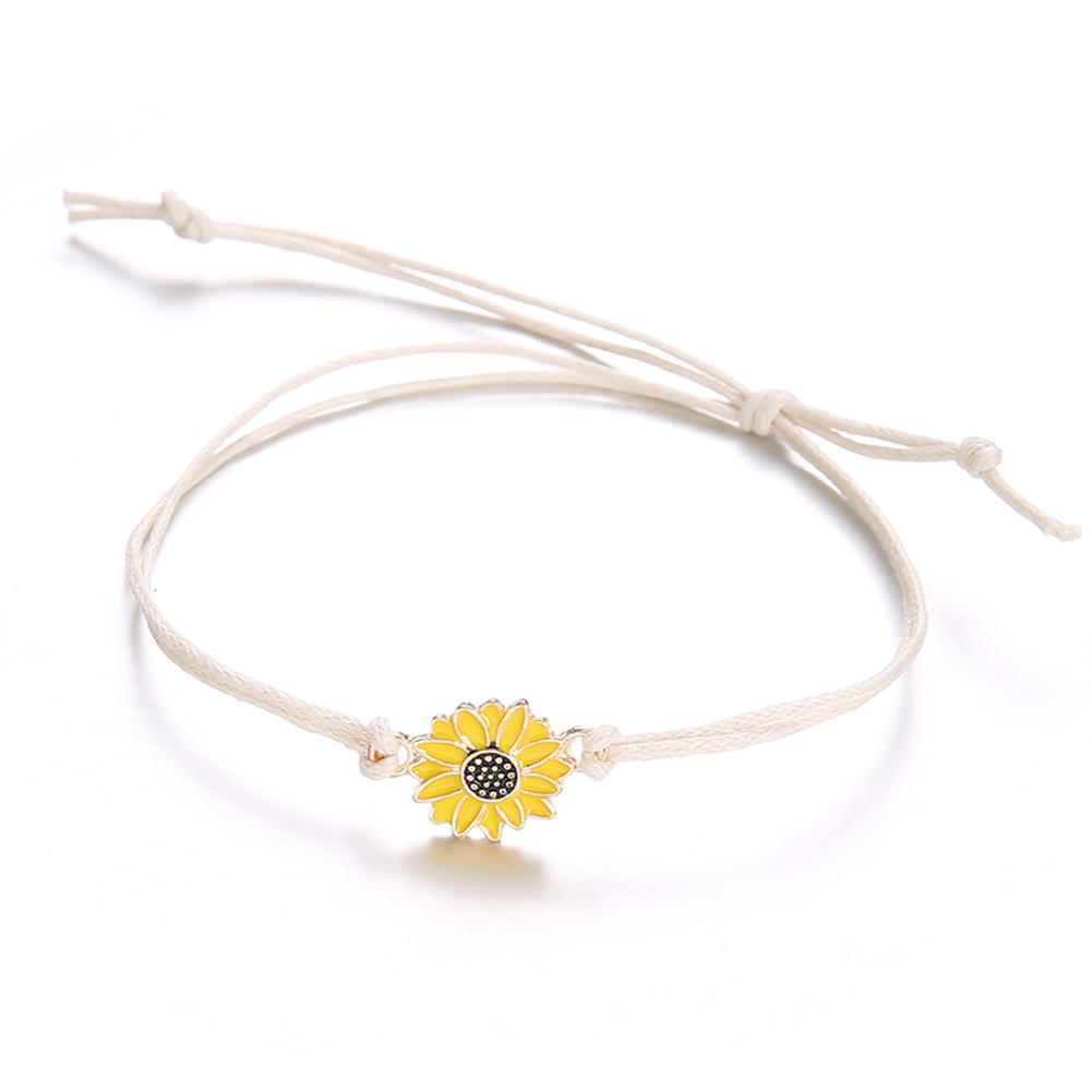 5 Piece Set Bohemian Small Daisy Leather Rope Vintage Bracelet Gold Plated Inlaid Artificial Gemstones