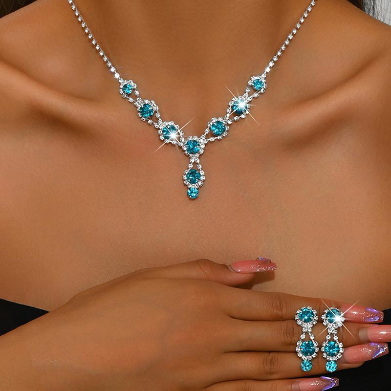 Jewelry Necklace Set  Exquisite Elegant Red/Blue/Silver Etc/Zircon  Necklace Bracelet With Earrings