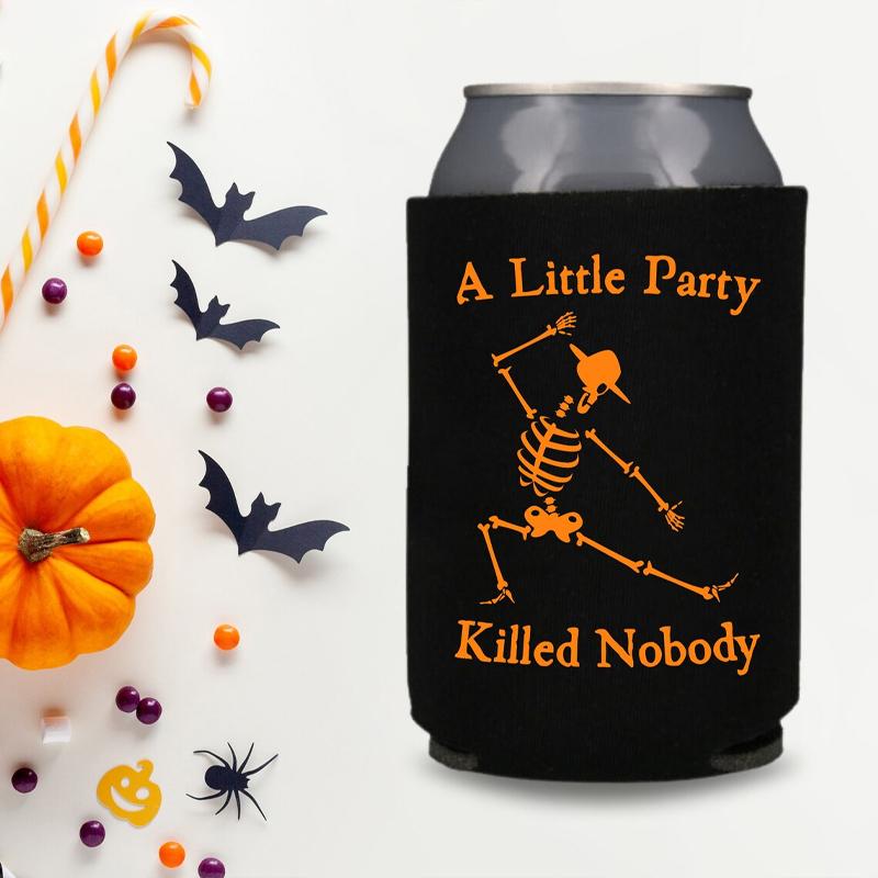5Pcs Halloween Can Coolers A Little Party Killed Nobody Funny Gift And Treat Coolers Skeleton Halloween Party Table Decorations