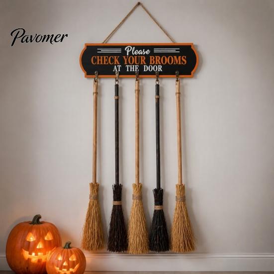 Halloween Home Decor Broom Parking Sign, Check Your Brooms Wooden Wall Hanging Sign Witch with Hooks for Indoor Outdoor Front Porch Creative