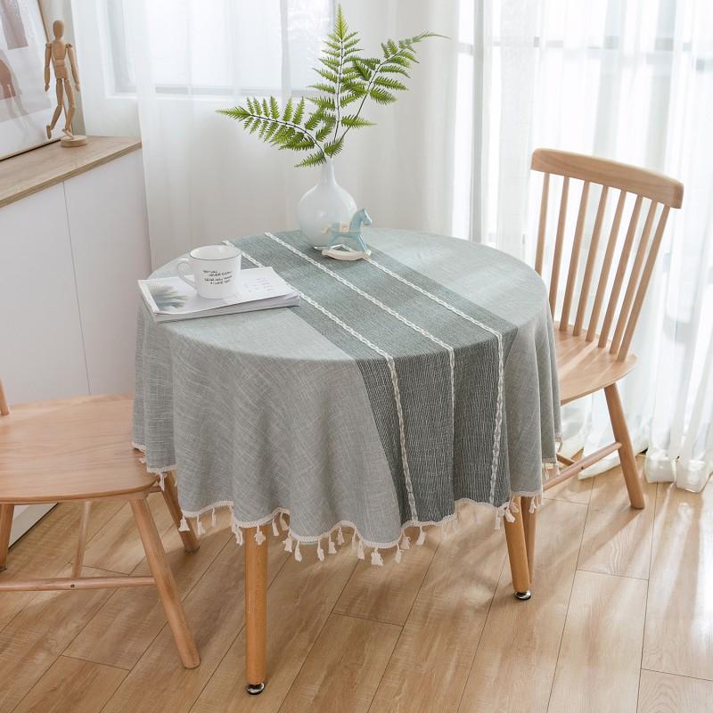 Cotton Tablecloth With Tassel Fringe Embroidered Stripe Round Dining Table Cover