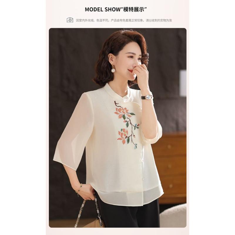 Women's Chinese Style Embroidery Blouse Mandarin Collar 3/4 Sleeve Asymmetric Button-Up Casual Top for Middle-Aged
