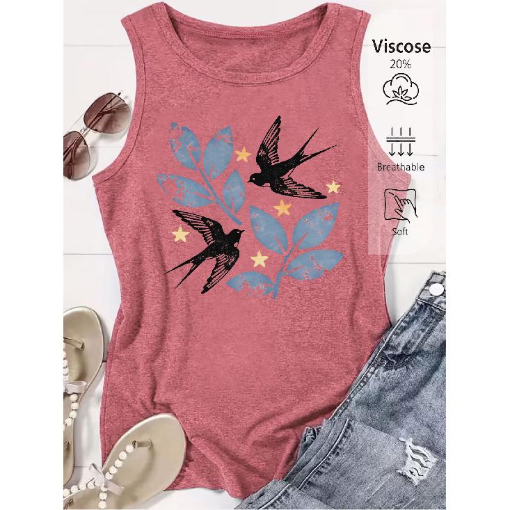 2026 Trendy Vintage Swallow Leaf Star Print Women Sleeveless Tank Top High Quality Casual Spring Summer Vest S кирпич красный