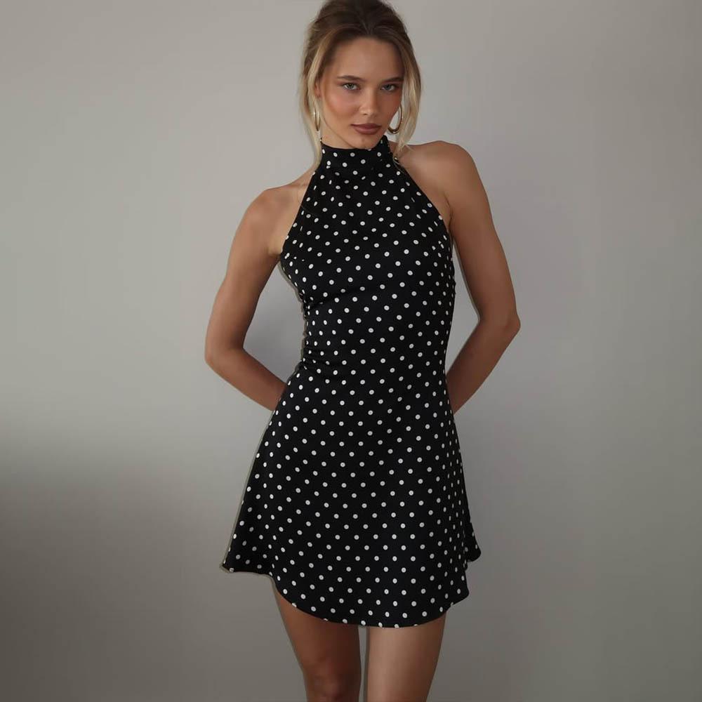 Backless Lace-Up Mini Dress Female Contrast Fashion Bandage High Waist Patchwork Dress Women's Commute Summer Dress
