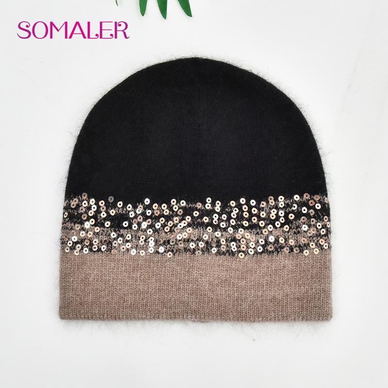 SOMALER Winter Hats for Women Warm Angora Wool Knitted Hat Fashion Sequin Beanie Hat Thick Long Rabbit Fur Hair  Skull Cap Bonnet